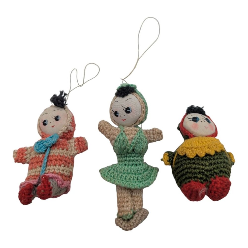 Three Vintage 1950s Mini Japanese Dolls 2" 2.5", 3" Crochet Ornament Amigurumi